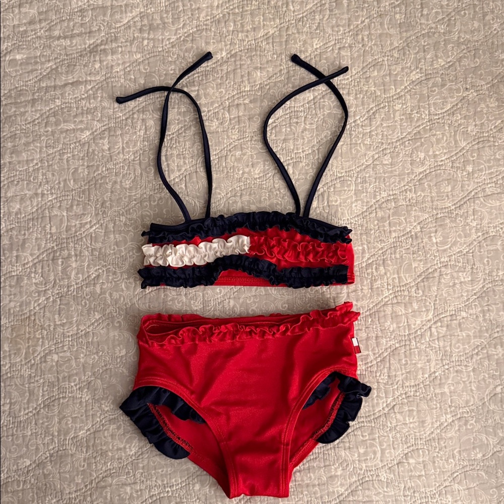 Tommy Hilfiger Girls Red and Navy Ruffled Bikini Set